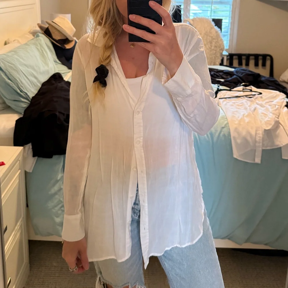 White Sheer Button Down Blouse Lightweight Beach Cover Up Shirt Medium - Picture 4 of 11